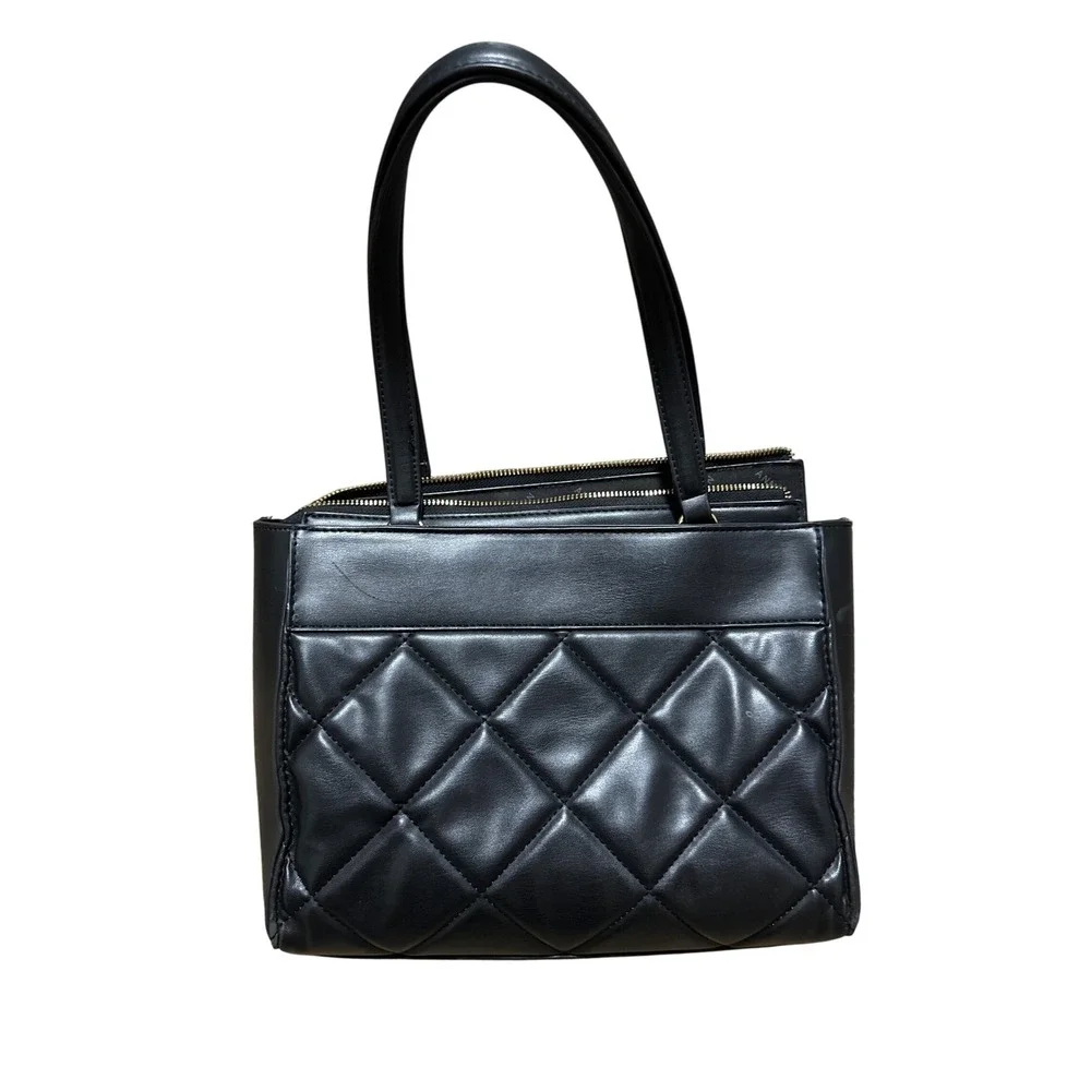 Black‎ Quilted Tote Handbag Gold Accent Top Zip Closure